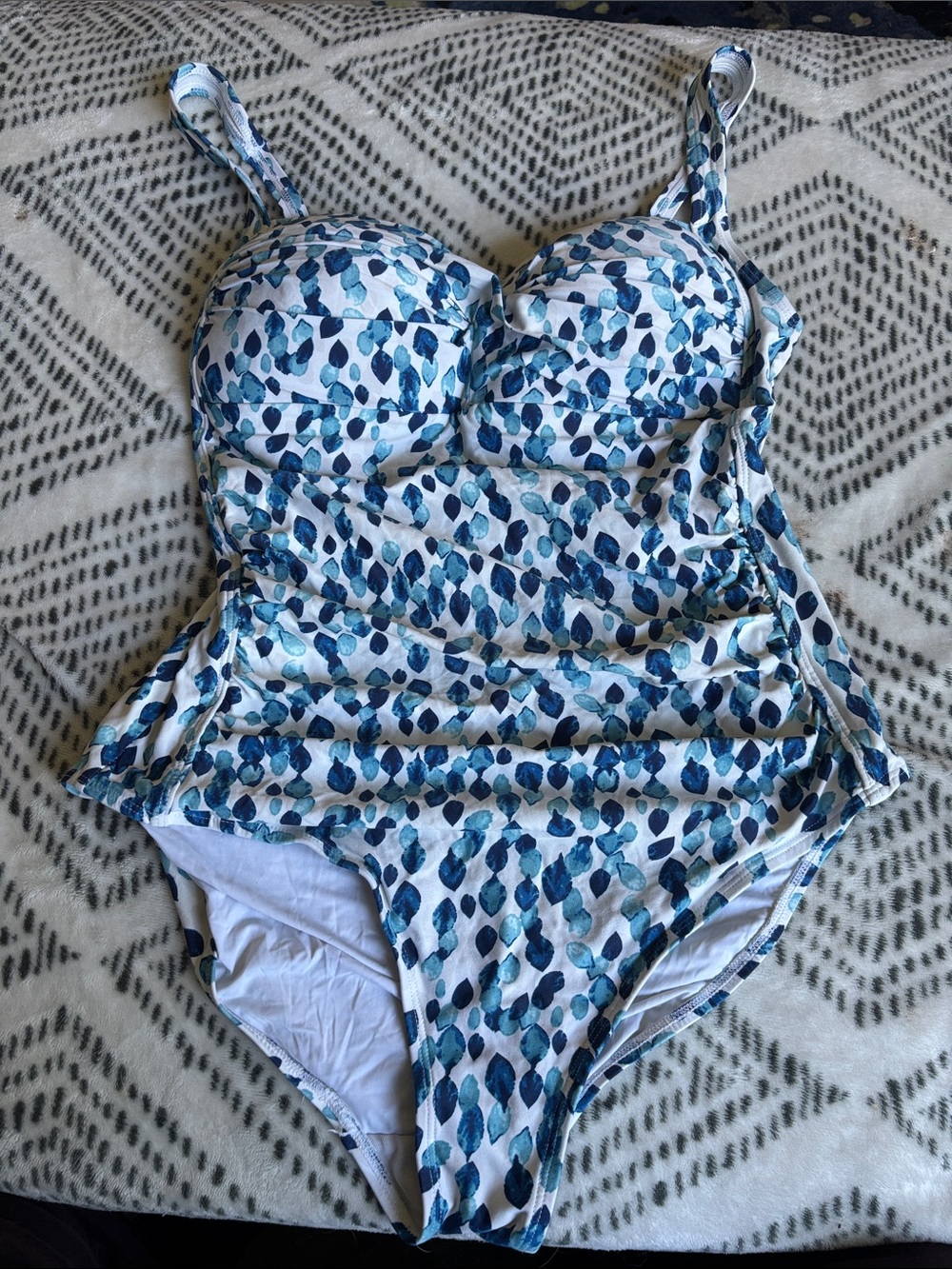 Blue Leaf-Print One-Piece Swimsuit with Built-In Cups